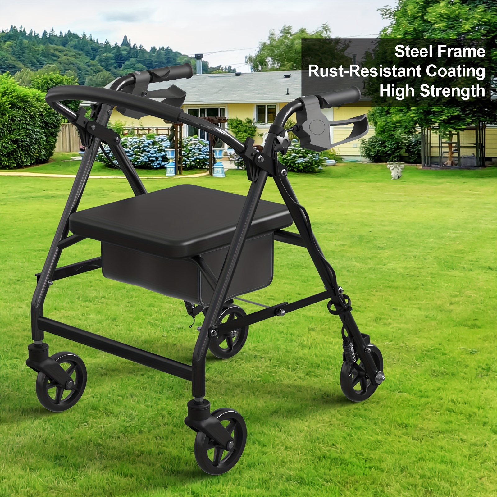 Advwin Lightweight Rollator Walker, 4-Wheel Folding Mobility Aid with Padded Seat, Dual Brake System, Adjustable Arms, and Under-Seat Storage Bag for Seniors and Elderly