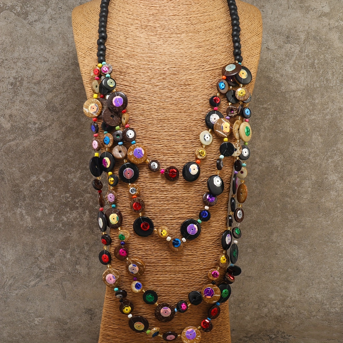 

-chic Layered Wooden Bead Necklace With Colorful Sequins - Vintage Style, Everyday & Vacation Wear