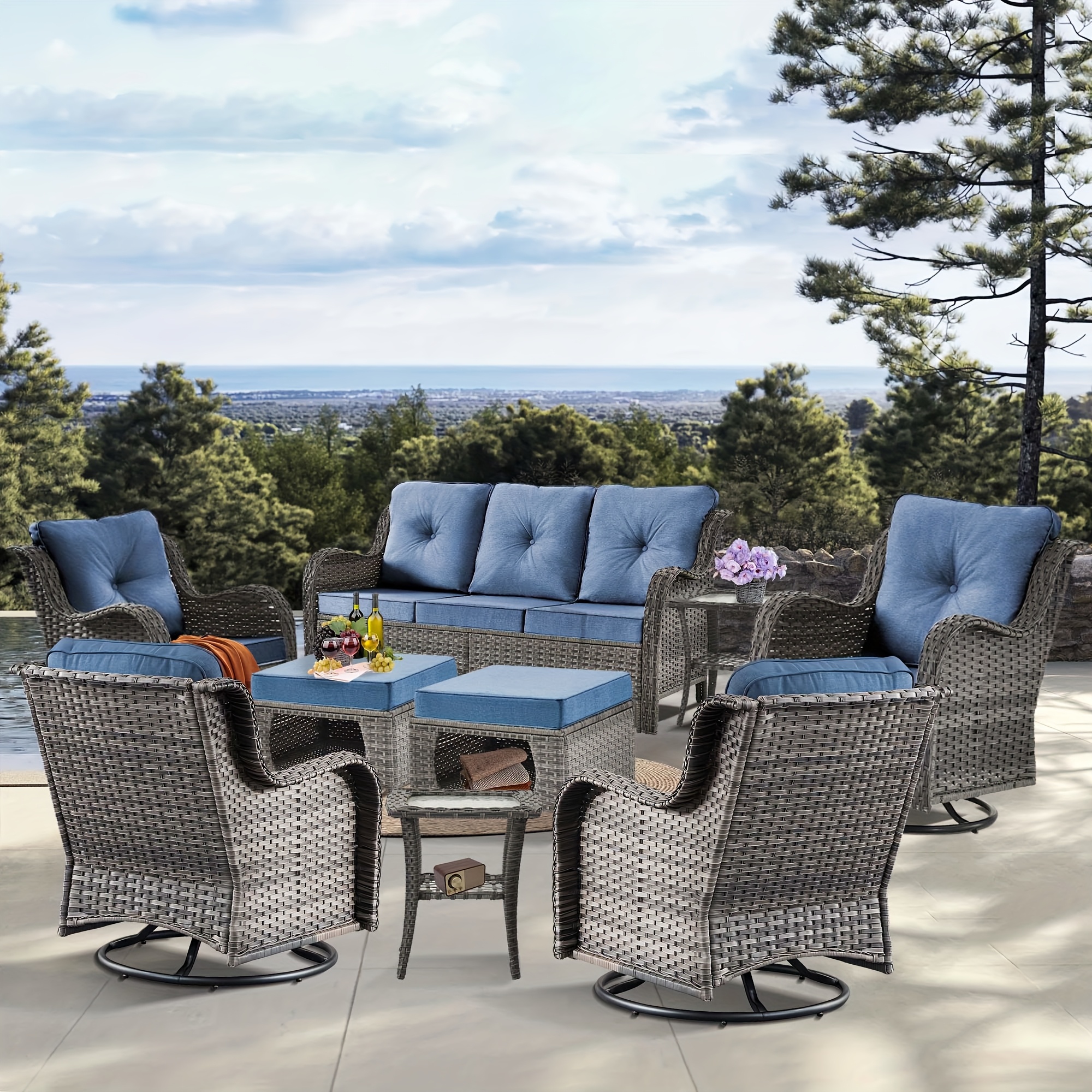 9pcs outdoor rattan furniture set made from all weather materials featuring 360 swivel rocking chairs a sofa ottomans and a tempered glass side table this high quality wicker is   Product details 0