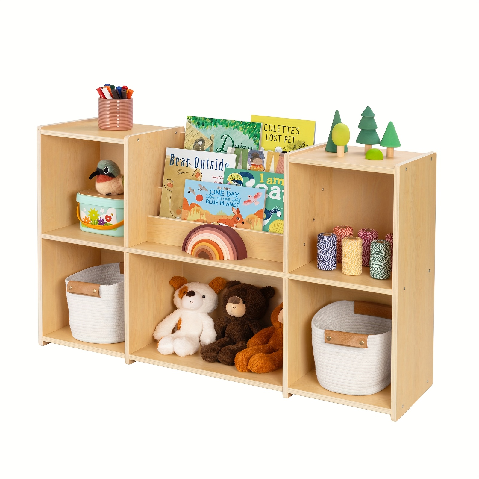 2-Tier Horizontal Wood Bookshelf and Toy Storage Organizer, 5-Compartment Toy Storage Cabinet with Book Rack, Ideal Choice for Kids Classroom Organizer, Playroom And Daycare