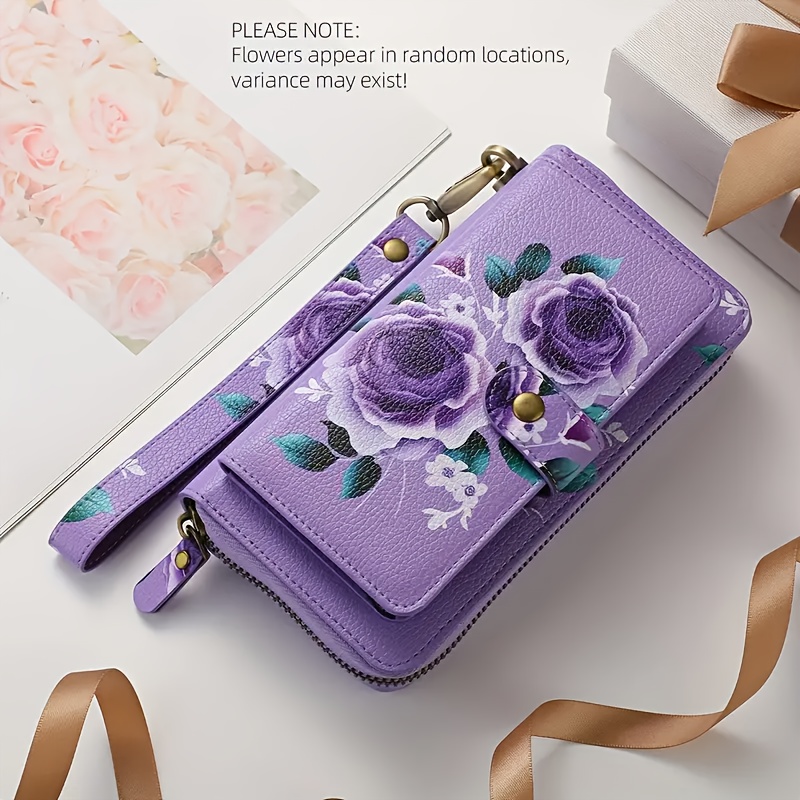 TEMU 1 Random Floral Pattern Wallet (purple With Random Placement), Featuring Elegant Wristlet Design, Large Capacity Long Zipper Clutch, Multi-card