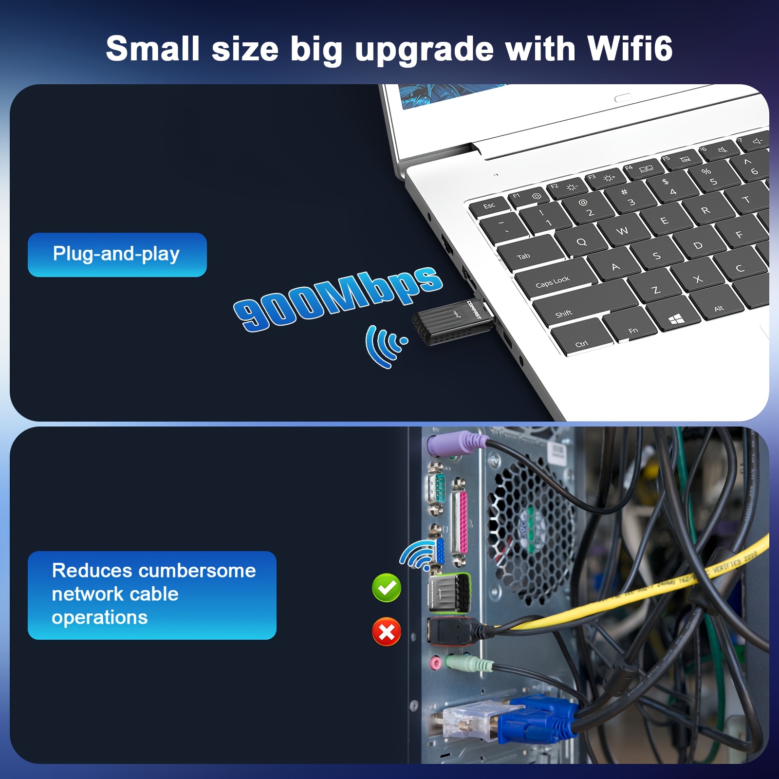 Wonlink AX900 WiFi 6 Adaptateur sans fil avec double bande 2,4G/5GHz, 900Mbps sans fil, sécurité WPA3, WiFi et dongle sans fil alimentés par USB, compatible avec Windows 10/11, pour la maison/bureau/Internet des choses (IoT) - Pas besoin d'alimentation externe, adaptateur WiFi pour PC, réseau de bureau, design élégant, connectivité haute vitesse, utilisateurs de la maison intelligente, Internet à domicile, design compact, connectivité fiable, travailleurs à distance