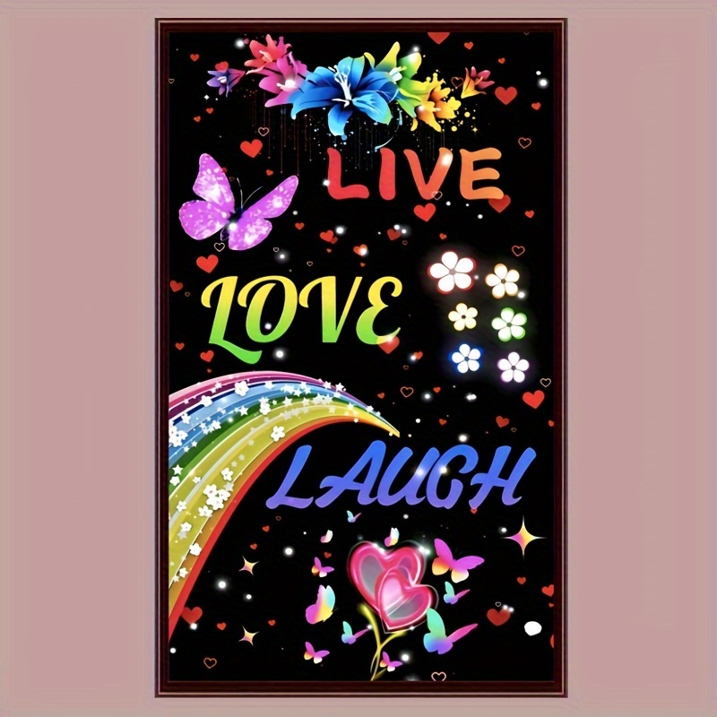 

5d Round Diamond Painting Kit "live Love Laugh" With Rainbow, Butterflies & Flowers - Diy Full Drill Diamond Embroidery Mosaic Art Craft For Home Wall Decor, Alphabet Theme Canvas 15.7x27.5 Inches