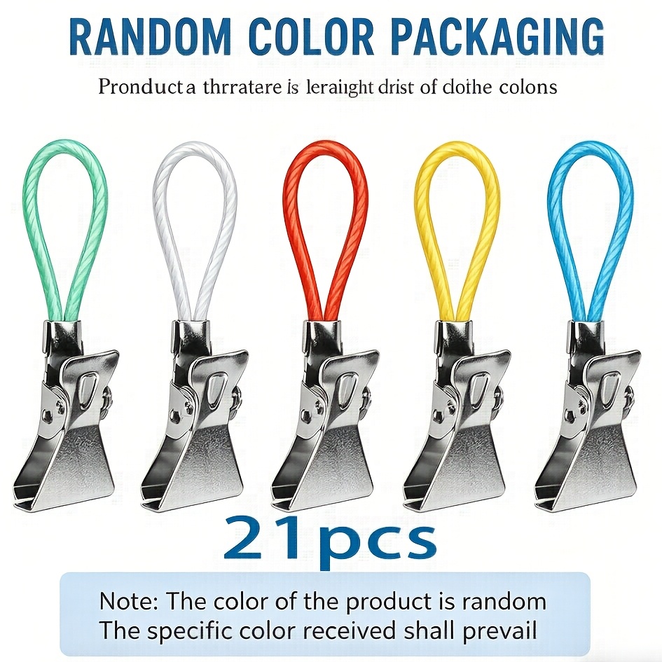 TEMU Colori Casuali - 21 pezzi, Clip Multicolore in Acciaio con Cordino - Presa Forte, Montaggio a Parete Senza Trapano, Multi-Uso per Asciugamani da