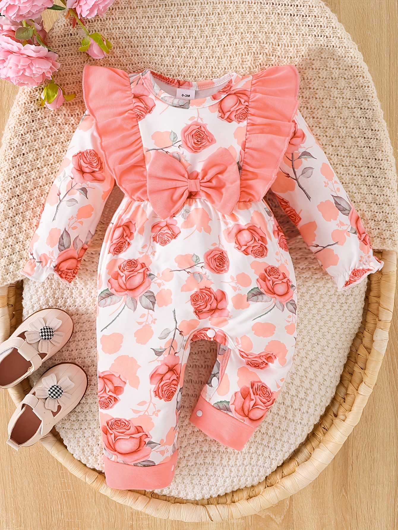 Spring/Autumn Newborn Baby Girl's Romper, Long-Sleeved Crawling Suit * Waistband, Flutter Sleeves * Printed Roses and Flowers, Romantic Fabric, Stretchy, Soft, and Comfortable, Dual-Use for 