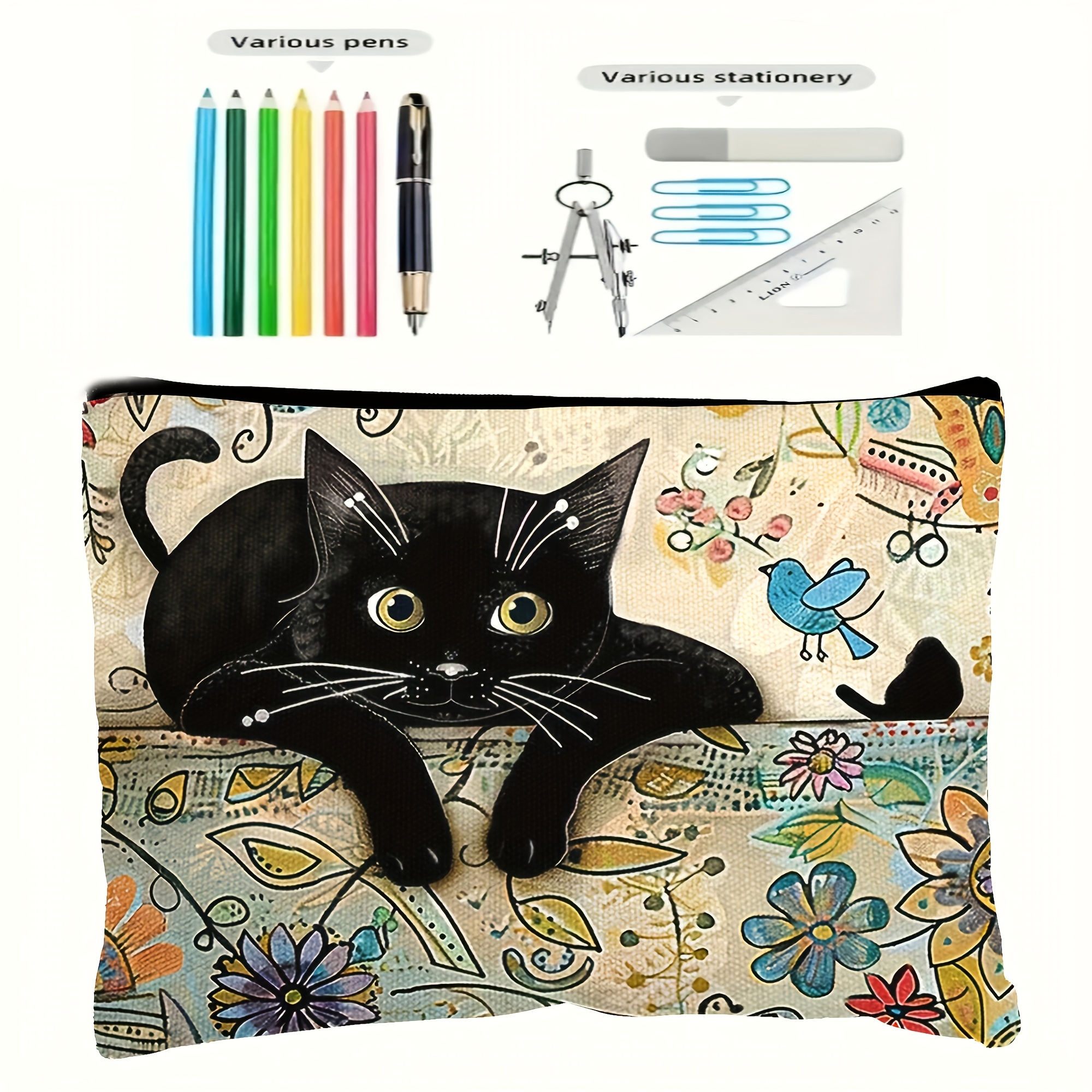 TEMU 1pc, Neceser de Maquillaje de Gato Negro Duradero, Bolsa de Almacenamiento de Cosméticos, Estuche para Lápices de Estudiante, Bolso Utilitario