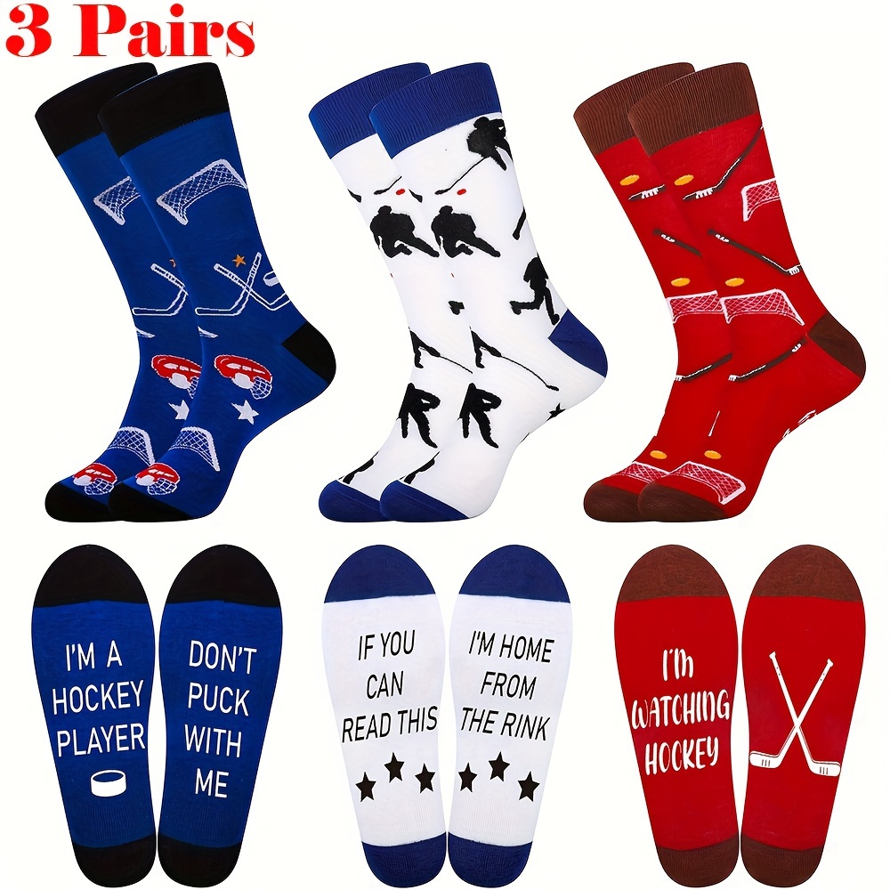 

3pcs Hockey-themed Novelty Socks With Fun Lettering - Perfect Gift For Hockey Fans,, Comfortable & Breathable Mid-calf Design