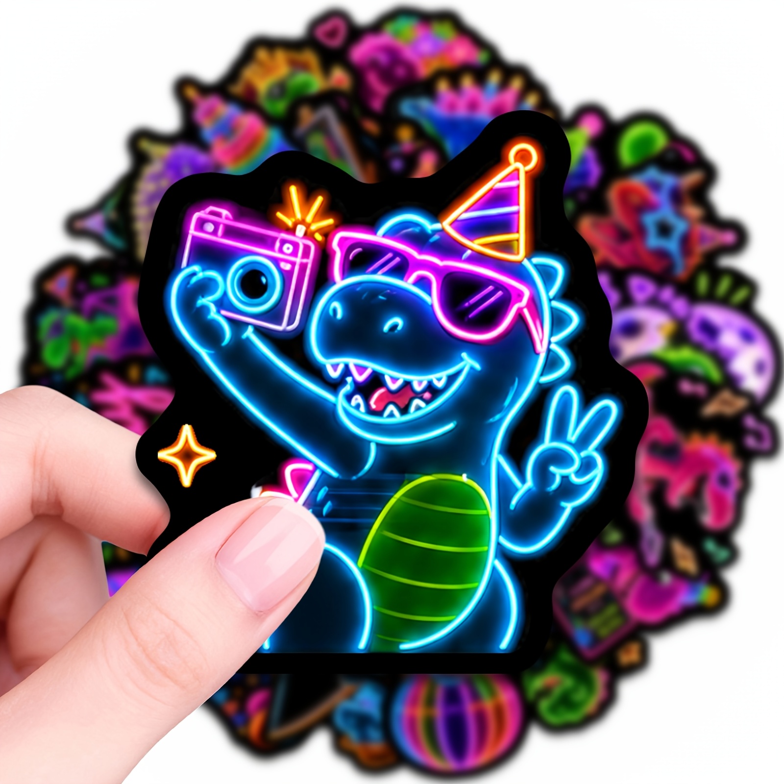 TEMU 50 pegatinas creativas surtidas de dinosaurios de de neón, calcomanías para portátiles, tabletas, equipaje, teléfonos, patinetas, cajas fuertes,