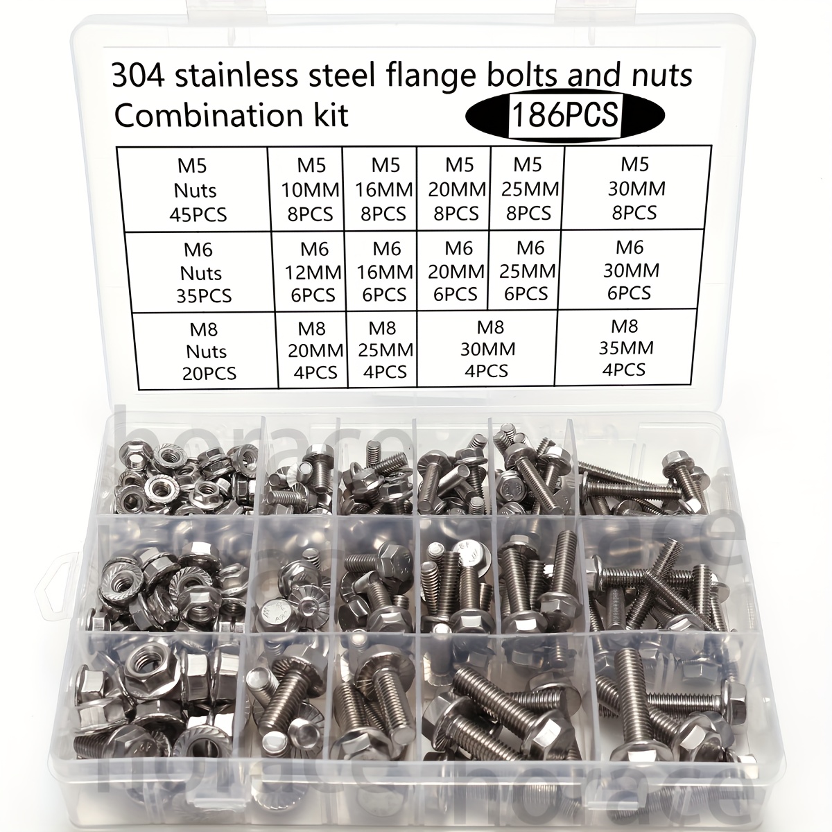 186pcs Flange And Nut Kit, Stainless Steel 304 Metric Flange Hex Nuts, M5 M6 M8 Includes 14 Common Sizes, Set