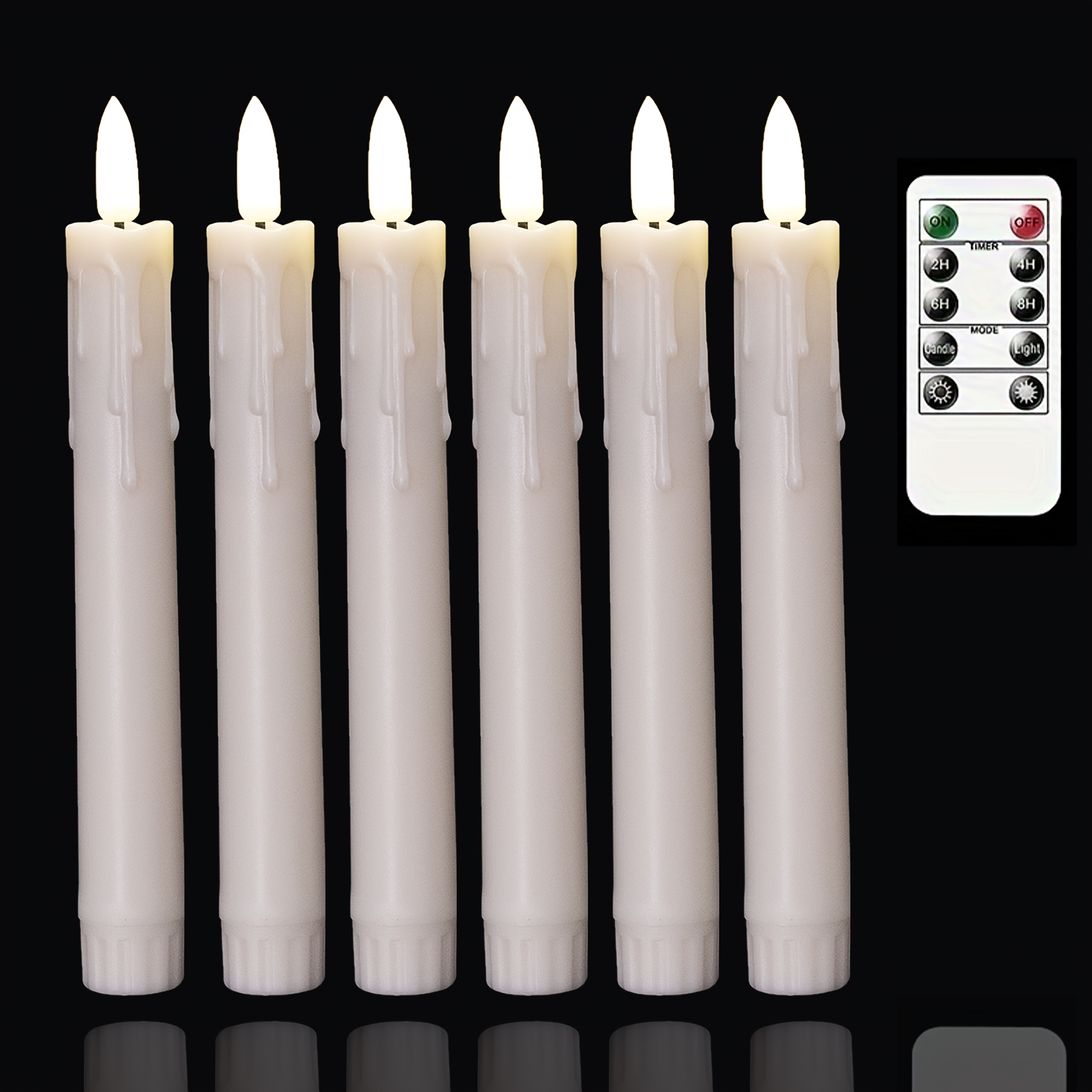 TEMU 6pcs Flameless Flickering Wax Candles With 2 Remote Controls, 7.5", Beige Battery Operated, Led Window Candles, Timer, Plastic 3d Wick, Drop Wax