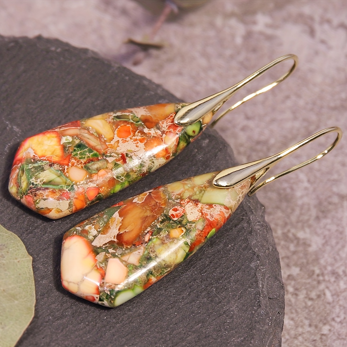 TEMU Women's Earrings, Women's Fashion Drop Earrings, Natural Stone Earrings, Orange Green Vintage Floral Pattern, Vintage Style Fashion Earrings,