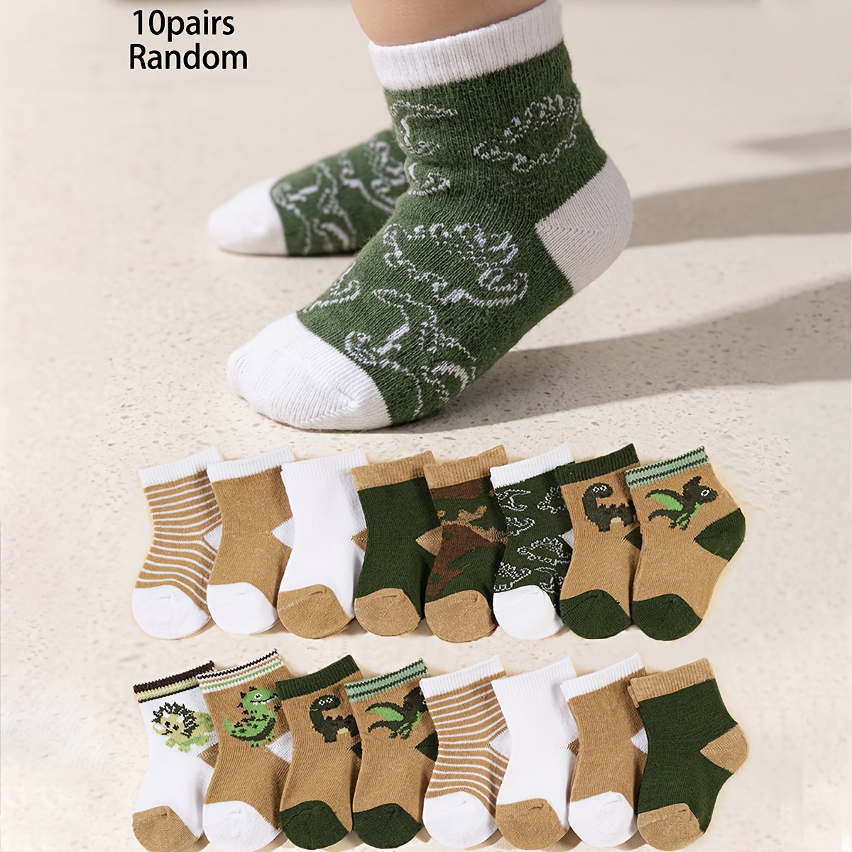 Random 10 Pairs Of Mid-calf Socks, Olive Green Khaki, Cute Comfortable Non-constricting, Suitable For Daily Wear