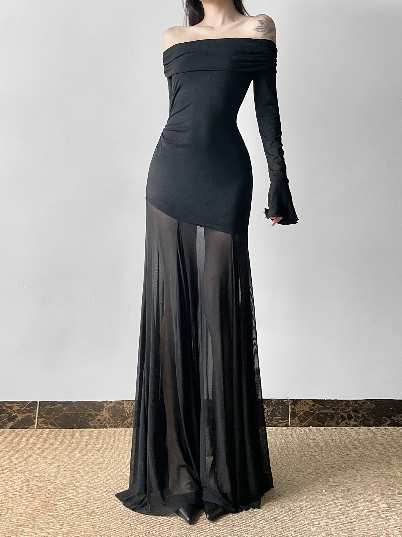 black mesh overlay dress rhinestone fishnet overlay midi dress Black / M/L