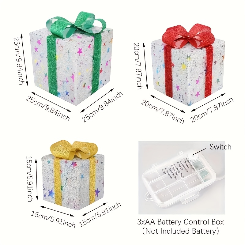 3pcs Lighted Christmas Gift Box Set with Warm LED Lights & Snowy Ribbon Bows - Battery-Powered Indoor/Outdoor Plastic Decorations with Stake Installation, Classic Winter Design for Xmas Tree, Yard, Home - Cordless Holiday Decor (Batteries Not Includ 3 3pcs Lighted Christmas Gift Box Set with Warm LED Lights & Snowy Ribbon Bows - Battery-Powered Indoor/Outdoor Plastic Decorations with Stake Installation, Classic Winter Design for Xmas Tree, Yard, Home - Cordless Holiday Decor (Batteries Not Includ - Image 3