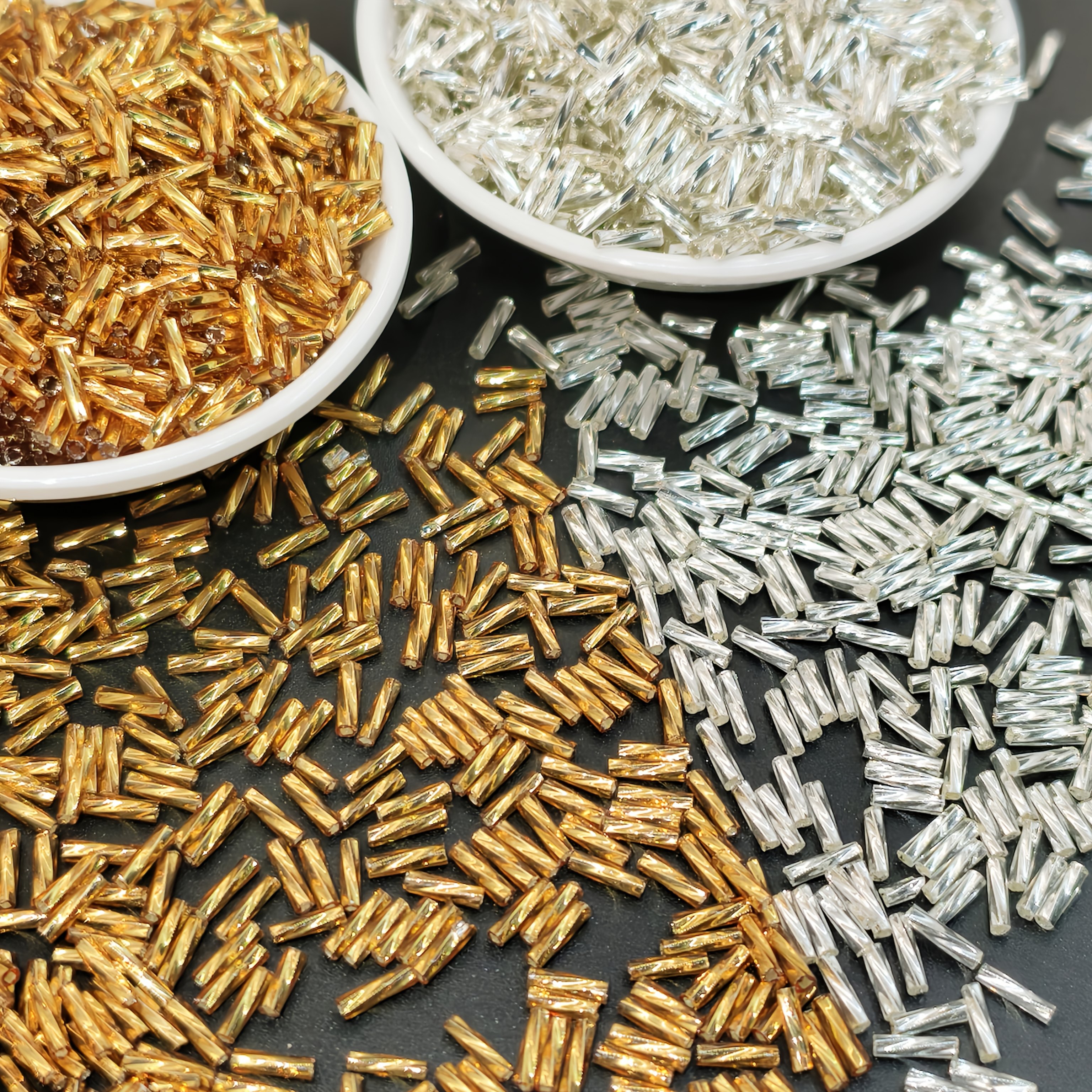 TEMU 600pcs/300pcs 2*8mm Golden And Silvery Glass Spiral Seed Beads - Fashion Spacer Beads - Seed Beads For Jewelry Making, Crafts, Bracelets,
