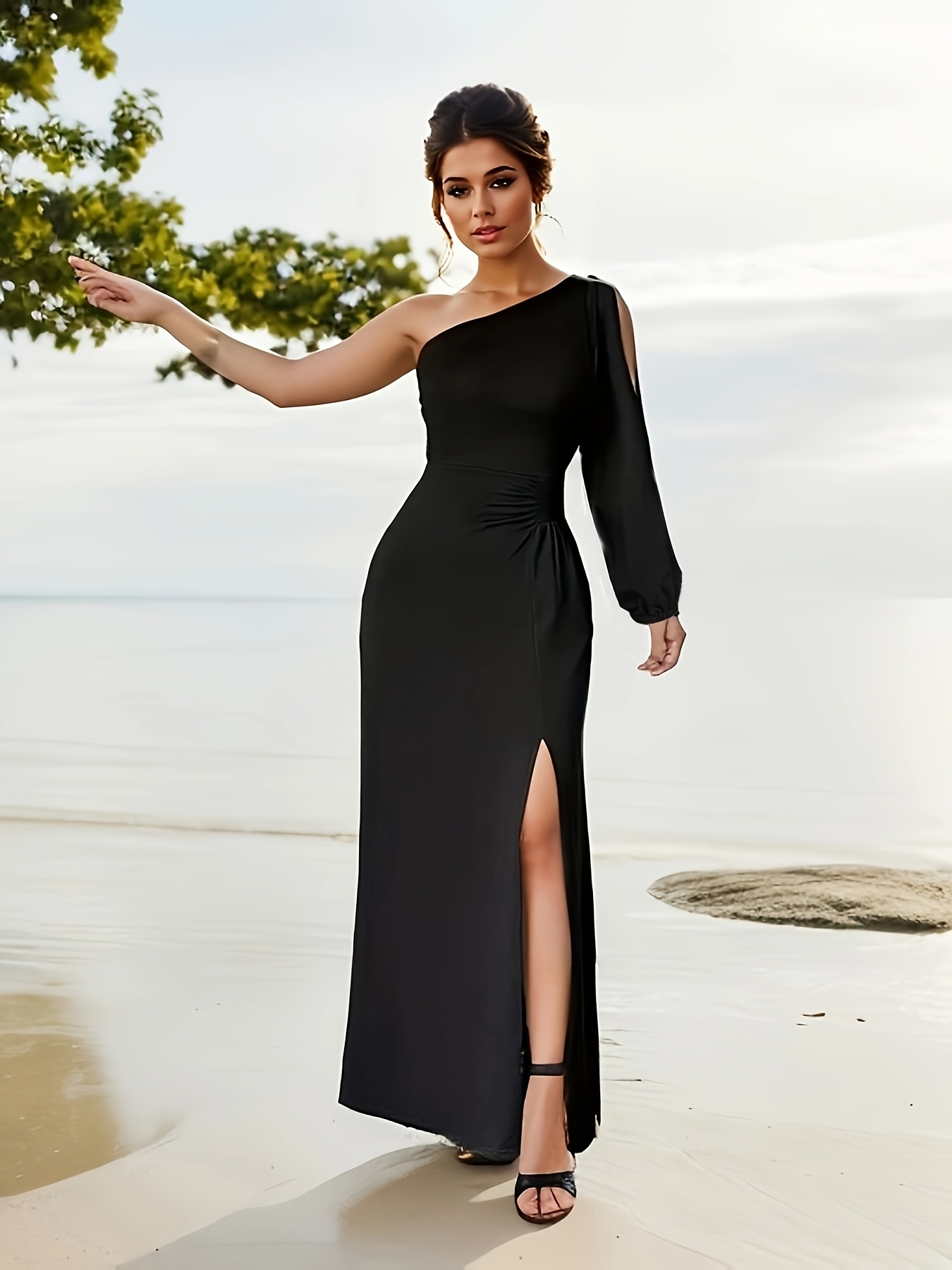green emerald velvet dress Long Dress with Openwork Patterns - T3