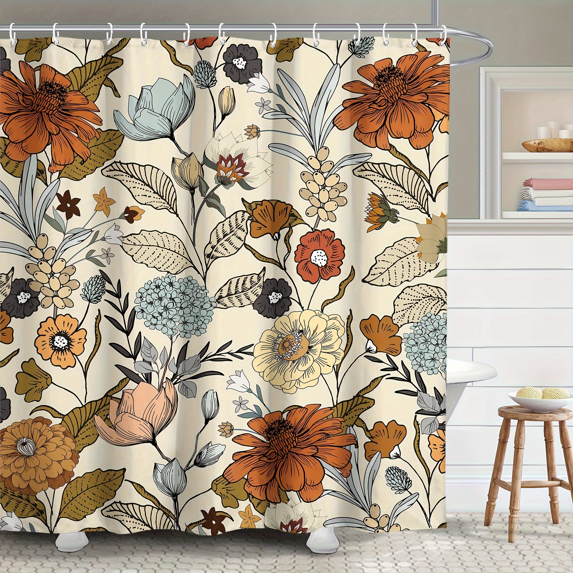 

Vintage Floral Shower Curtain Bohemian Caramel Flower Bath Decor, Water-resistant Polyester Fabric, Machine Washable With Hooks, Woven Unlined All-season Bathroom Curtain 71w X 71h Inches