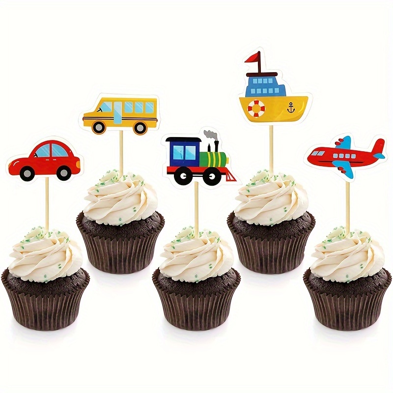 

30pcs Bamboo Transportation Cupcake Toppers - Bus, Car, Ship, Train, Airplane Picks For Birthday Party Cake Decorations, Universal , No Electricity Needed