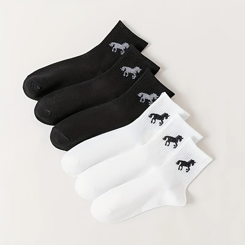 

6 Pairs Horse Print Socks, Simple & Breathable Mid Tube Socks, Women's Stockings & Hosiery