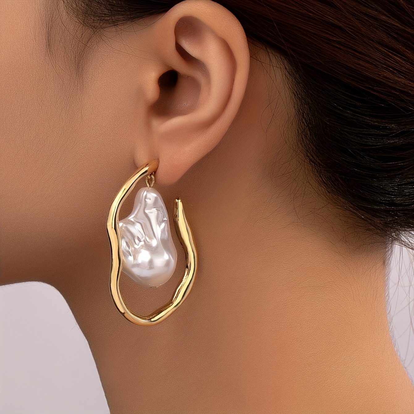 

Elegant Golden--shaped Hoop Earrings With Irregular Pearl Pendant For Women – Stylish & Party Jewelry, Party Accessories | Elegant Hoop Earrings | Goldtone