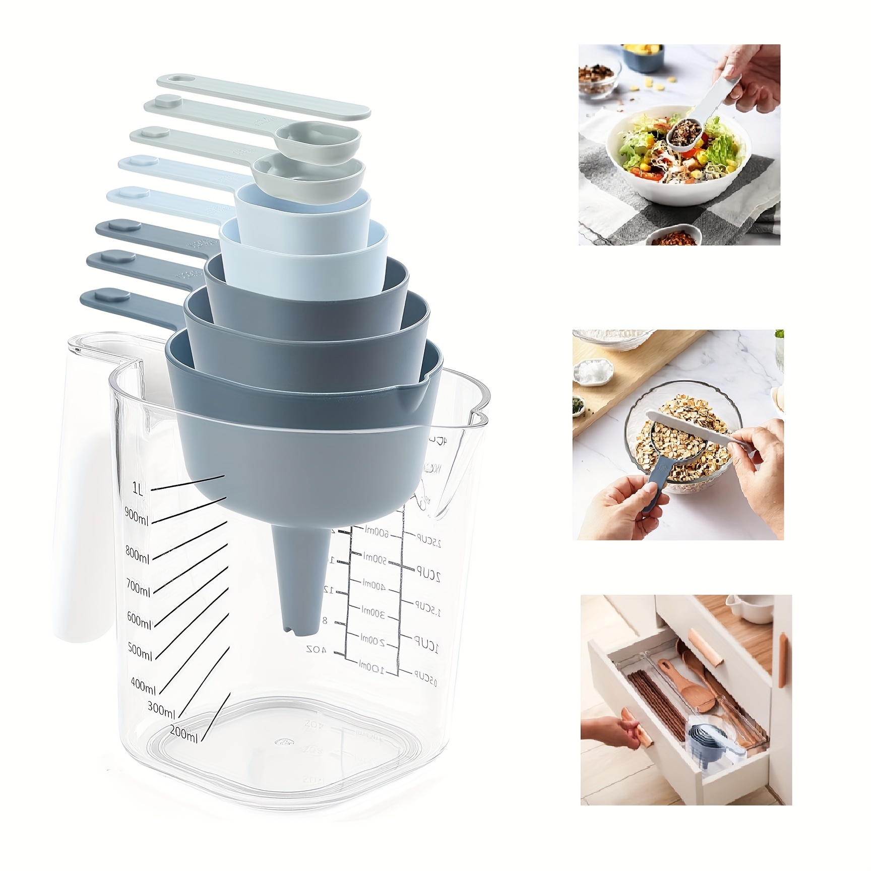 TEMU 9pcs Measuring Cups And Spoons Set Bpa Free Plastic For Kitchen Cooking And Baking Stackable Design Measuring Cups With Funnel For Liquid And Dry