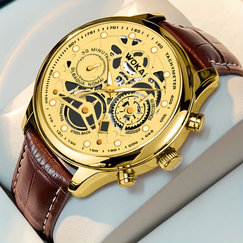 mens fashion quartz watch business style with faux leather strap stopwatch feature non waterproof details 0