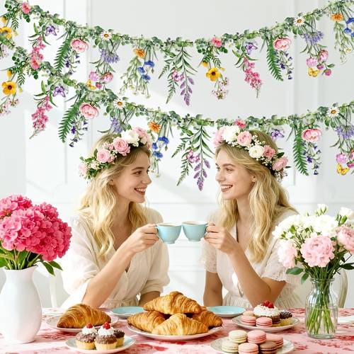 2pcs banner set tea party floral bunting reusable garland 9 8 feet suitable for gardens tropical weddings baby christenings birthdays tea party supplies yard decorations