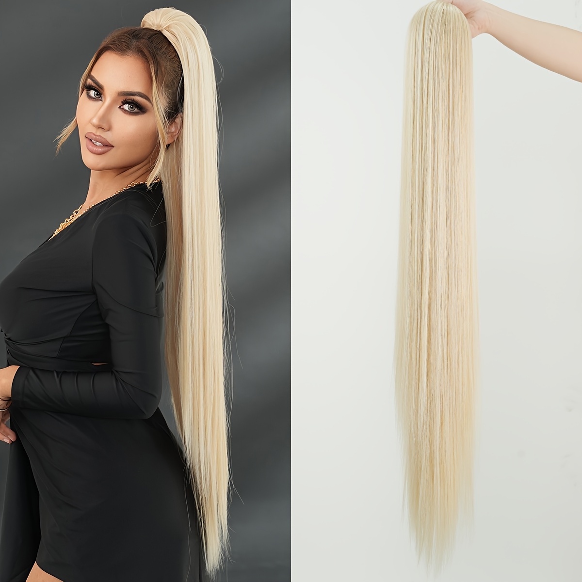 E-shop 38-Zoll Ombre Weiß zu Hellbraun Pferdeschwanzverlängerung - Hitzebeständiges Synthetikhaar für Frauen, für den & Partys