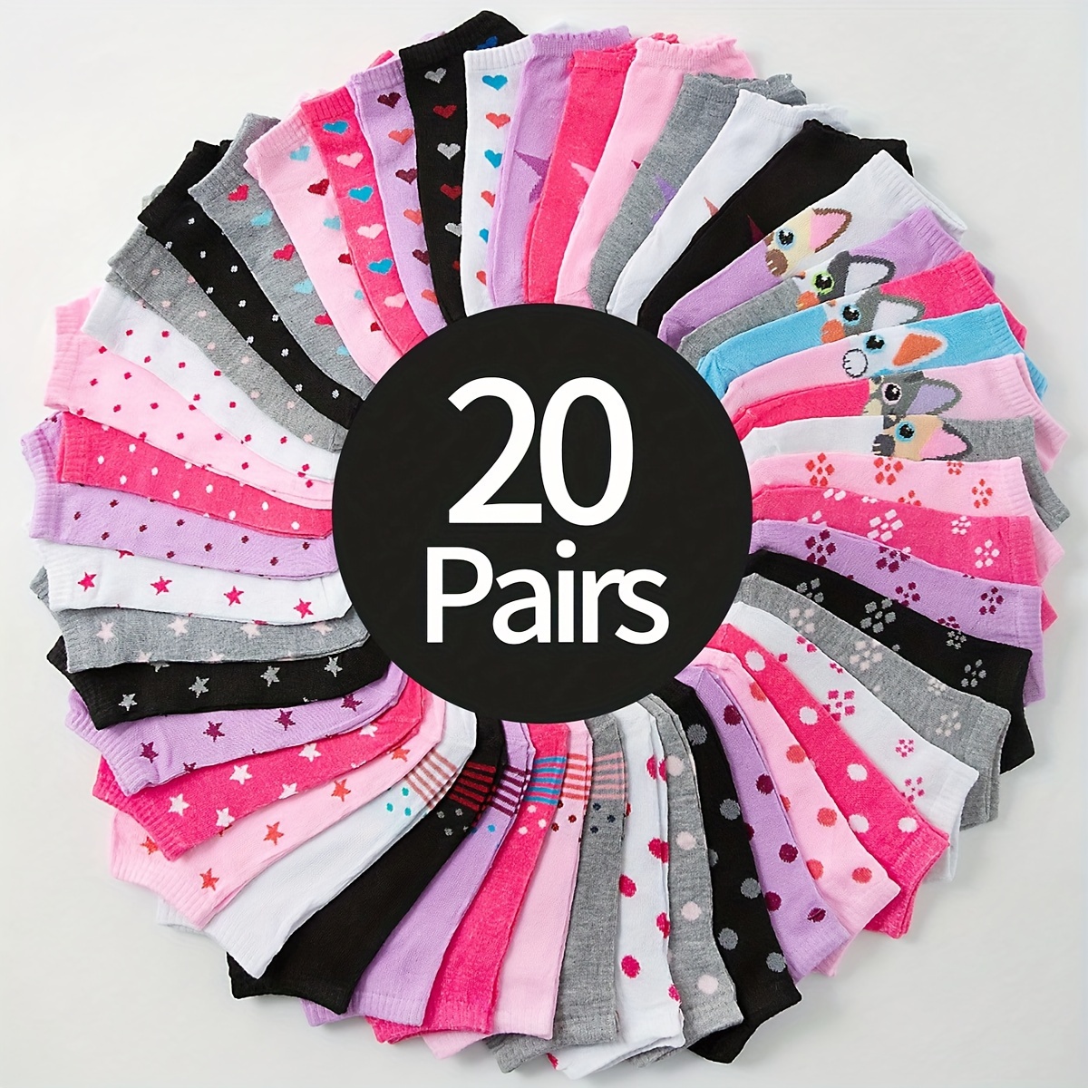 

20 Pairs Random Print Socks, Comfy & Cute Short Socks, Women's Stockings & Hosiery