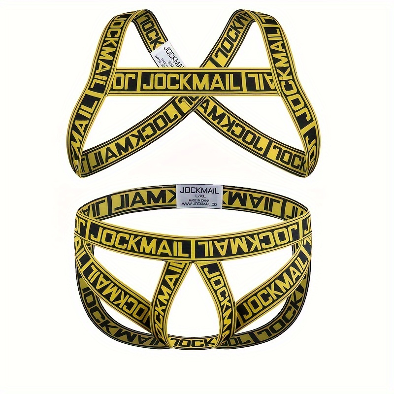 Men's Random Letter Pattern Elastic Silky Muscle Harness And Sexy Hollow-Out Chest Band With Matching Briefs Set Sexy Clothing For Men
