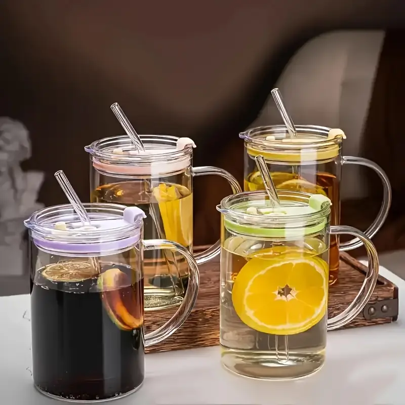2 4 high capacity glass cups heat resistant household drinking cups come with cup brushes straws and lids in multiple colors Product details 0