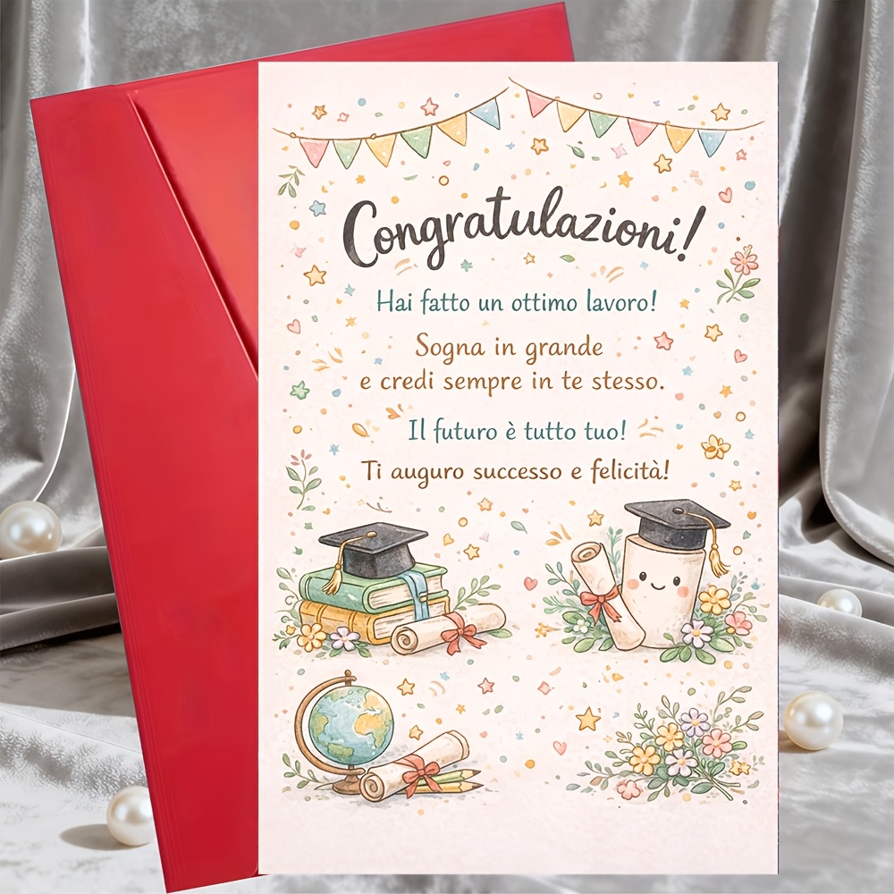 TEMU 1 Greeting Card And 1 Envelope Graduation Congratulations Card Italian Text Cute Cap And Diploma Design For Phd Gift From Office Celebration