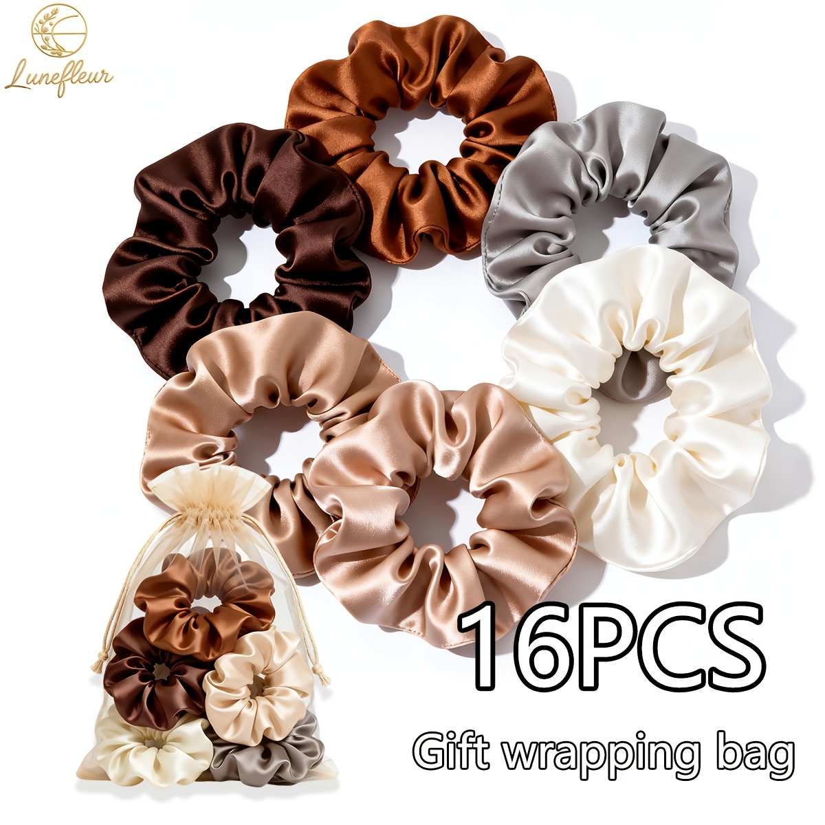 TEMU 16pcs Satin Hairbands, Including A Gift Bag. 5 Kinds Of Neutral Earth- Large Hairbands, Soft And Wrinkle-free Elastic Hairbands, Suitable For