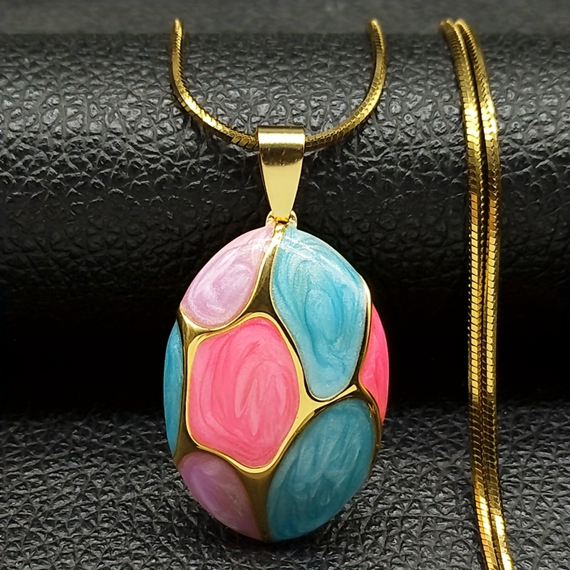 elegant geometric enamel pendant necklace for women 18k golden plated stainless steel chain colorful contrast party vacation accessory valentines day gift   jewelry nzzzs04 55cm 22in bjl pink 0