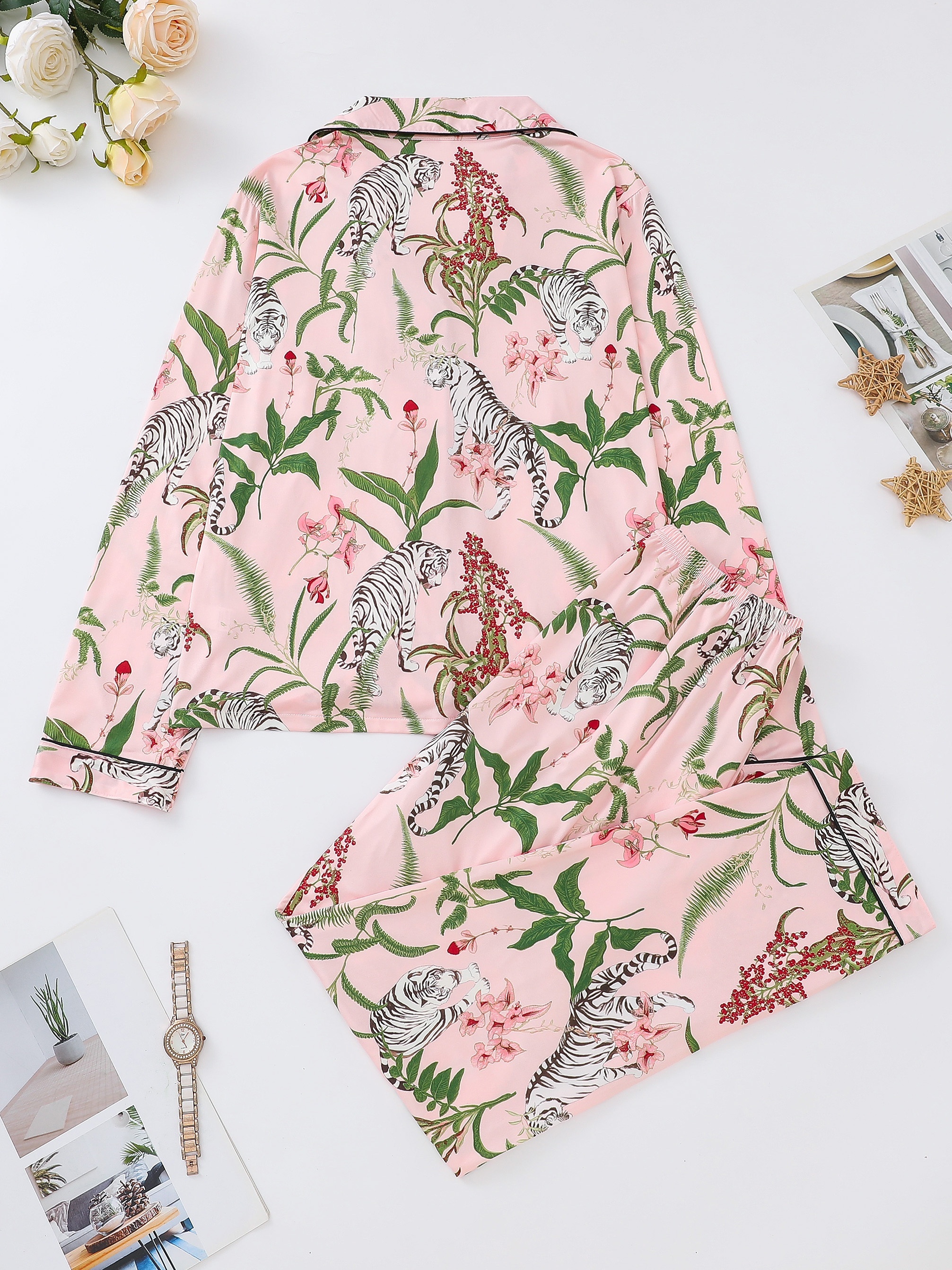 womens tiger plant   pajama set long sleeve buttons lapel top pants comfortable relaxed fit for fall Product details 2