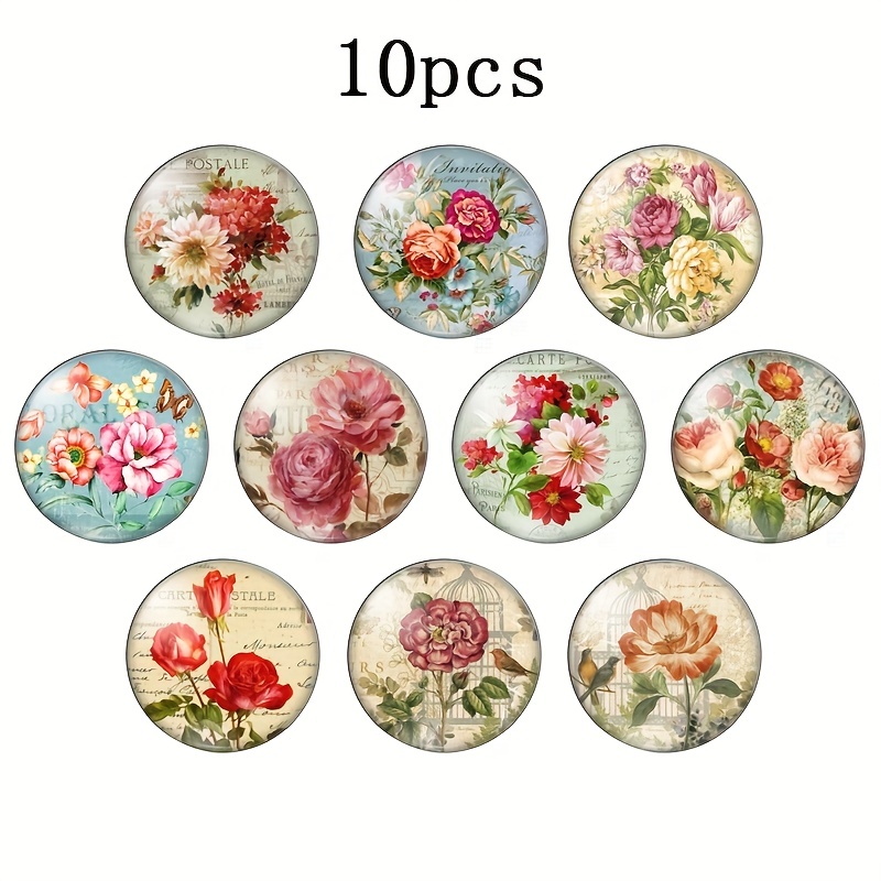 

10pcs Vintage Floral Glass Cabochons For Jewelry Making - Rose Flower Design Round Domed Inserts, 20mm/25mm, Craft Supplies For Pendants, Earrings, Diy Accessories