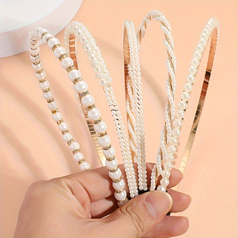 

5pcs Elegant Faux Pearl Decorative Head Bands Vintage Non Slip Hair Hoops For Women And Daily Use
