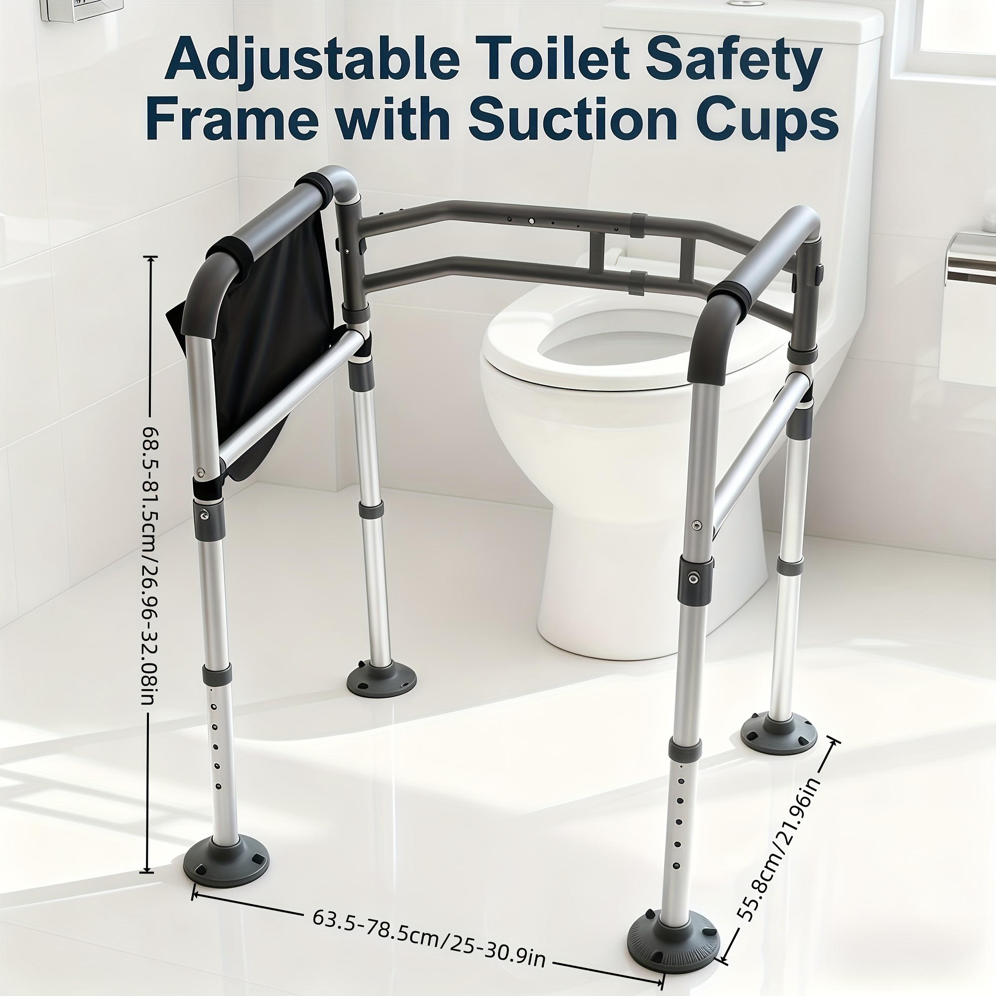 Adjustable & Foldable Toilet Safety Frame With Handles & Suction Cups - Aluminum, 136.08 Kg/300 Lbs Capacity, FSA/HSA Eligible, Ideal For Elderly, Seniors, Disabled - Fit, Sturdy Support - Image 4