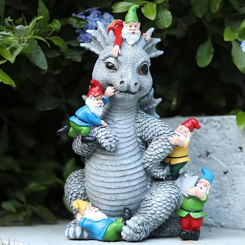 

1pc Resin Dragon & Gnomes Statue, Decorative Art Style, Outdoor Garden Art, Courtyard Decor, Whimsical Sculpture For Home Lawn Patio, 7.09in X 3.74in