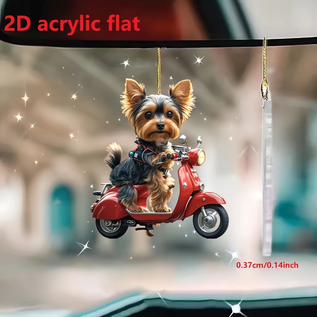 

1pc, 2d Acrylic Christmas Riding Electric Bike Yorkshire Terrier Car Rearview Mirror Decoration Pendant, Home Decoration Pendant, Bag Keychain Decoration, Holiday Party Small Gift