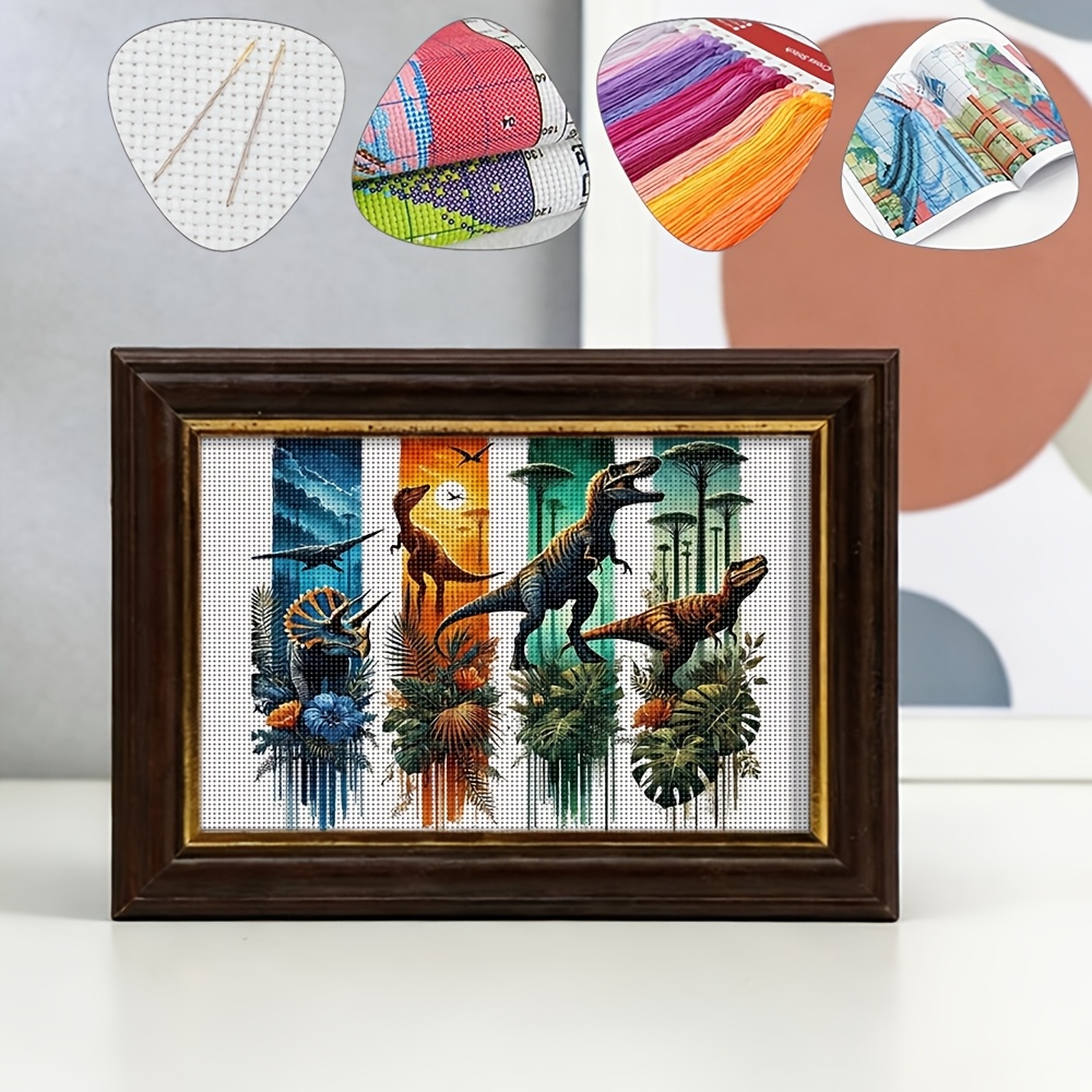 TEMU 1 Set Of Four-grid Dinosaur Pattern Printed Cross Stitch Kit 11ct Precision Printing (14.17x18.11 Inches) Embroidery Material Package Includes A
