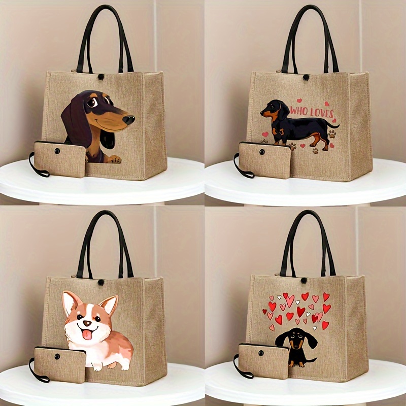 

2pcs Cartoon Dog Pattern Tote Bag Set, Lightweight Burlap Shopping Bag, Portable Travel Beach Bag With Makeup Bag