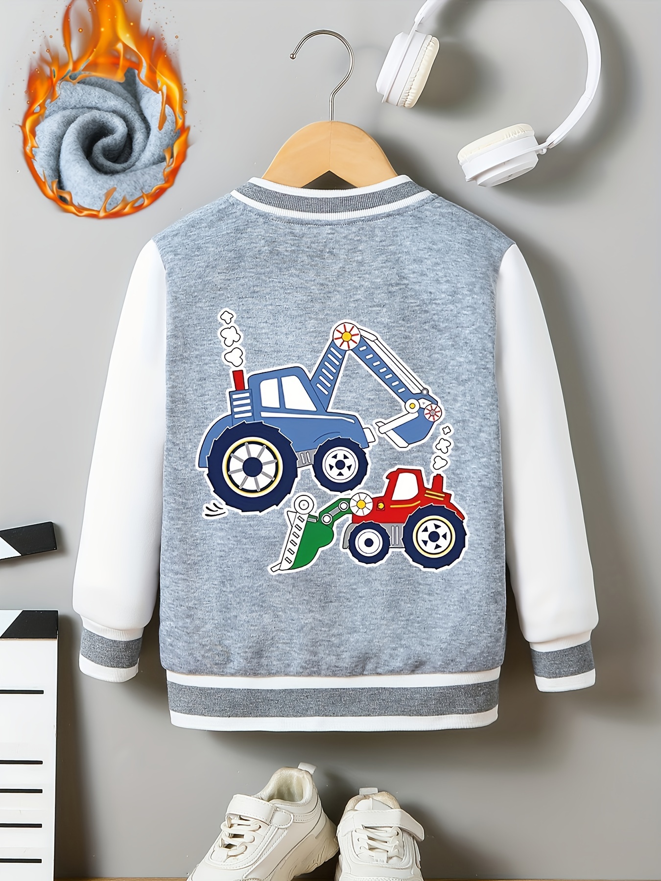 Boy'S Casual Long-Sleeve Knit Sweatshirt with Vibrant Construction Vehicle Print - Cozy, Stand Collar, Button-Up, Fall & Winter Essentials, Autumn Winter Apparel | Vibrant Print Top | Knit Construction, Kid Sweater