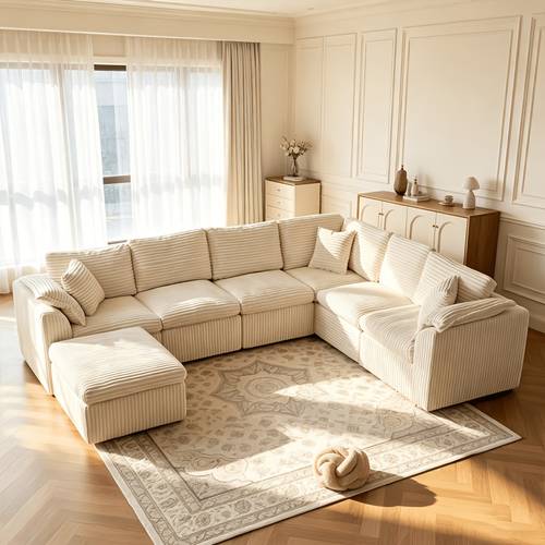 127 inch oversized modular combination sofa boneless couch extra deep seat corduroy fabric cloud sofa with movable footstool convertible into l shape u shape and sofa bed suitable for living room no