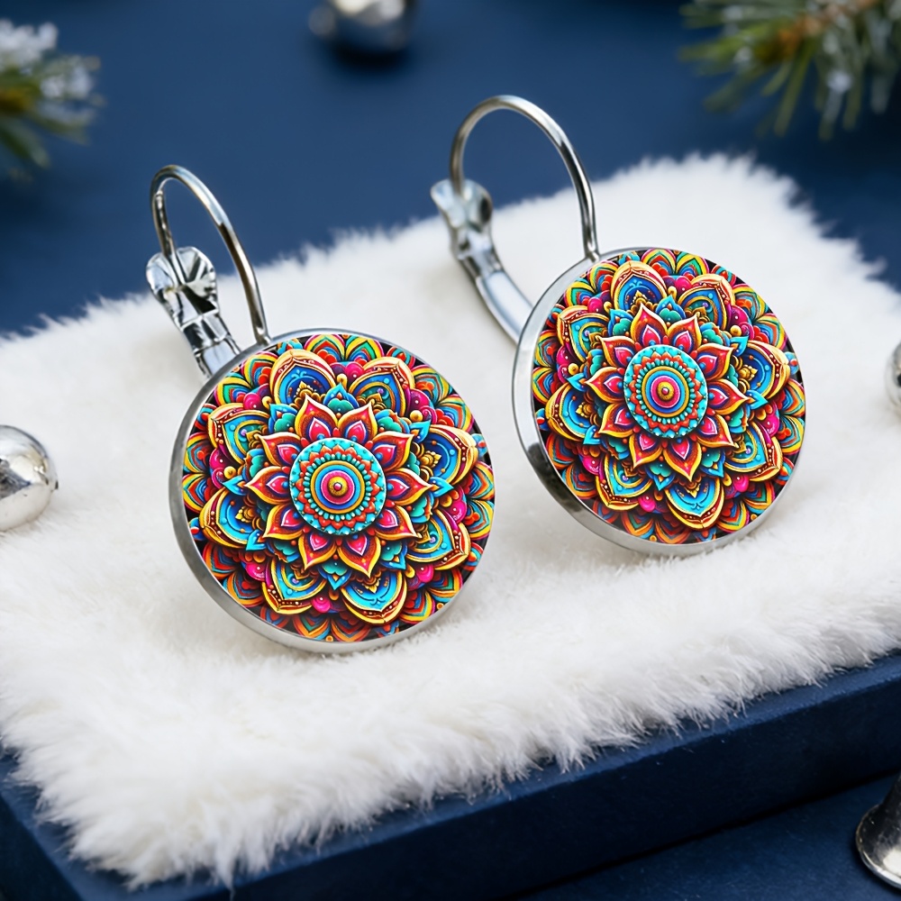 TEMU Gorgeous Painted Mandala Earrings, Alloy Material With Glass Inlay, A Fashionable Gift For Women, Exquisite Earrings Suitable For Daily Wear