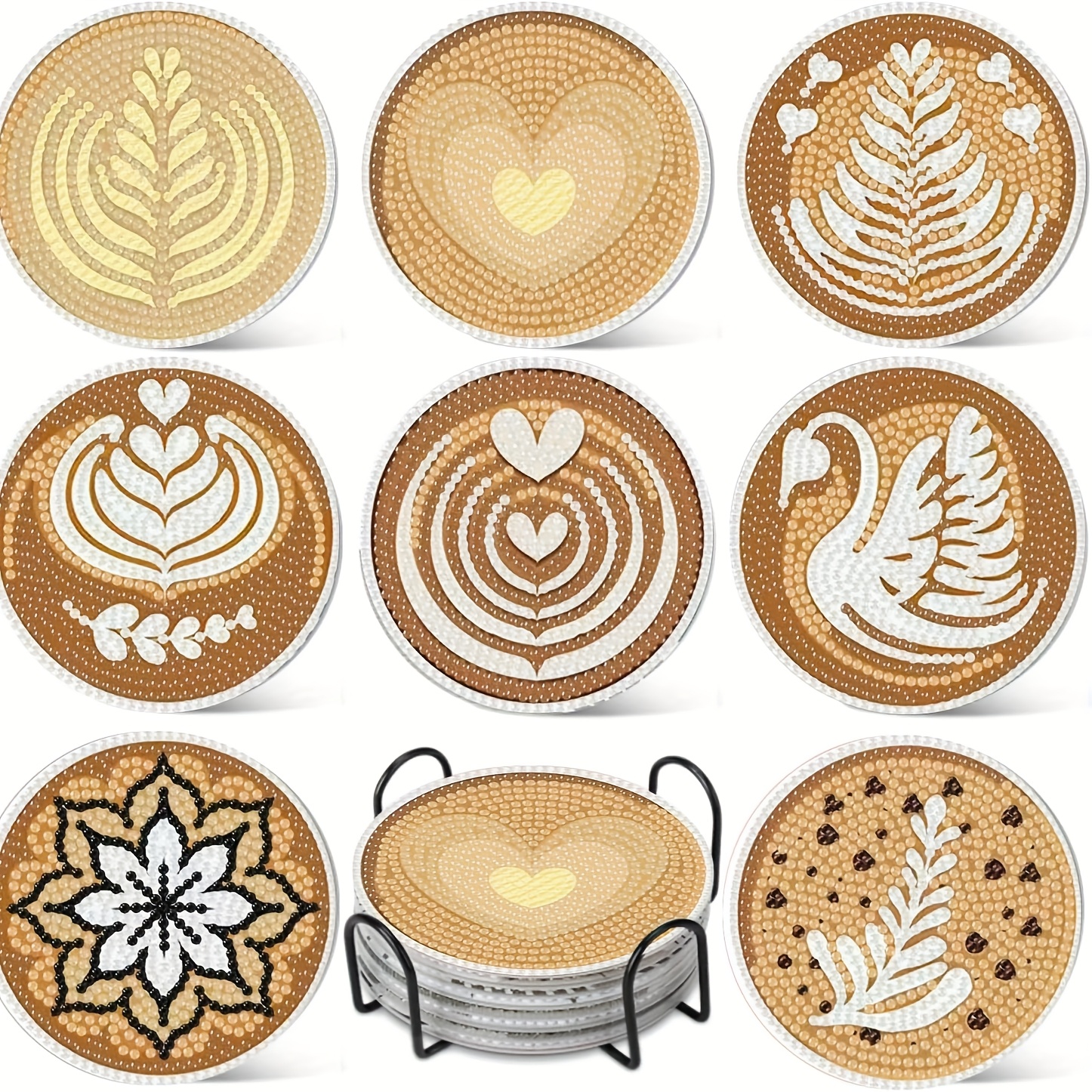 TEMU 8pcs Set Of Coasters, Coffee Diamond Painting Coasters With Stand, Latte Art Diamond Coaster Set, For Gifts And Office Home