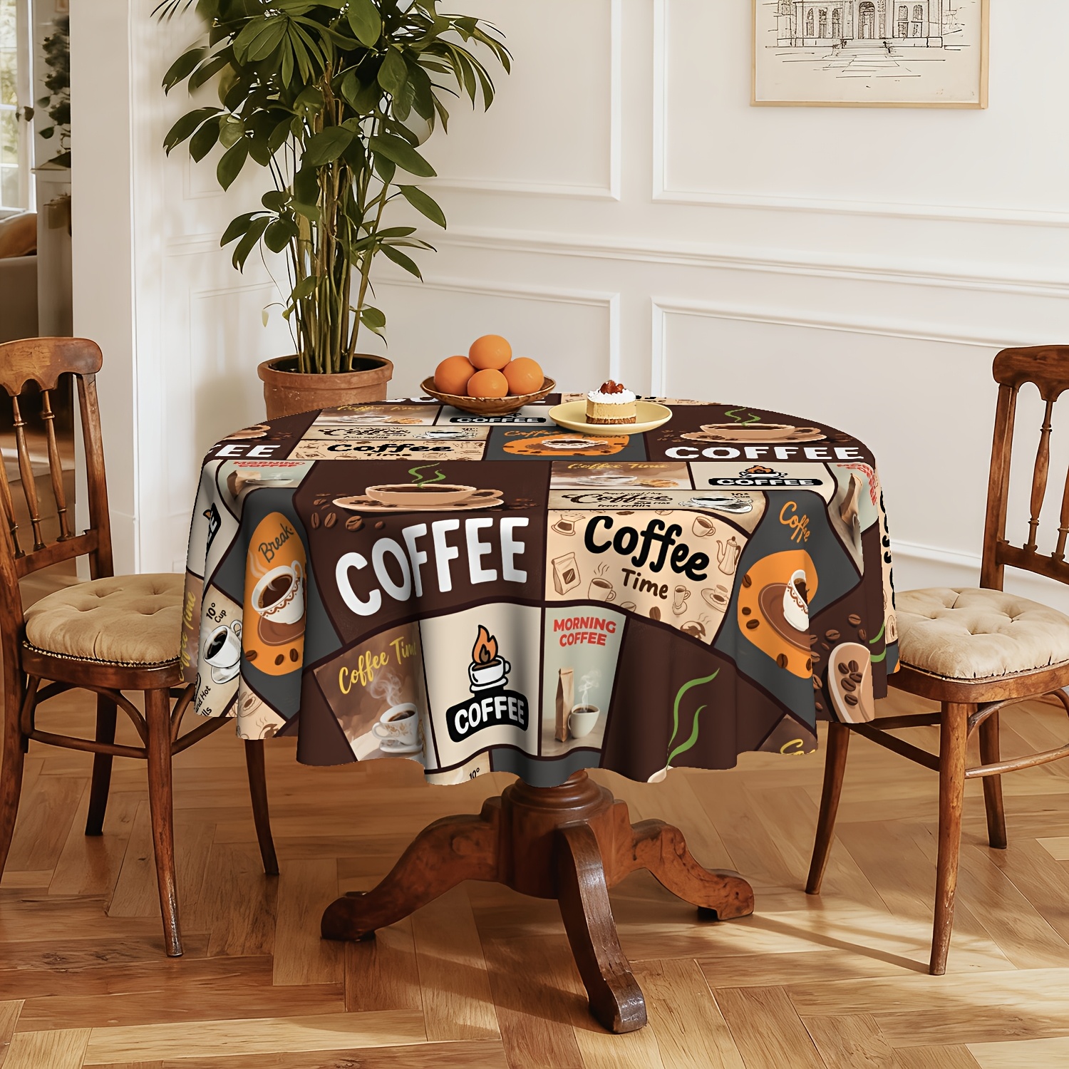 TEMU 1pc, Vintage Coffee Themed Design Tablecloth, Featuring Various Coffee-themed Prints Table Cover, Kitchen And Living Room Decor Decorative Table