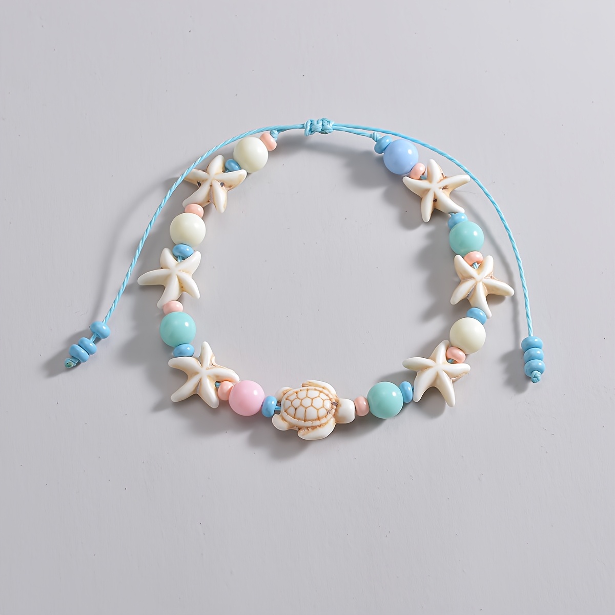 Adjustable Macaron Bead Ankle Bracelet with Sea Turtle & Starfish Charms