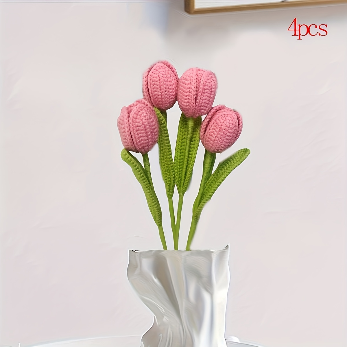 TEMU 4 tulipes crochetées à - multicolore de fleurs simulées, fil durable, décoration , , , cadeau d'anniversaire pour la Saint-Valentin et la fête