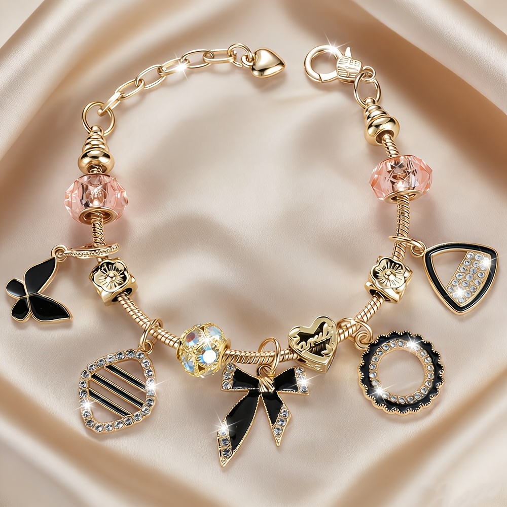 TEMU Bracelet pour femme ajustable, style luxe léger et facile, avec nœud, petite papillon, sac à main, compact de poudre et breloques de donut, de